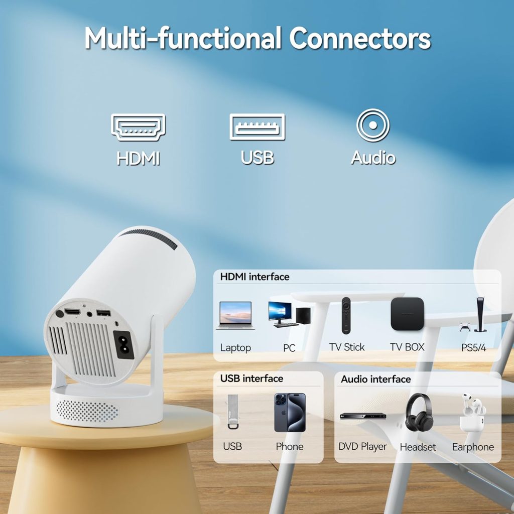 Mimo Style Projector, Portable Mini Projector with 1080P 4K Support, WiFi 6 & Bluetooth 5.0 Smart Projector, 280 ANSI Lumens, Auto Keystone for Bedroom Home Outdoor Movies (White)