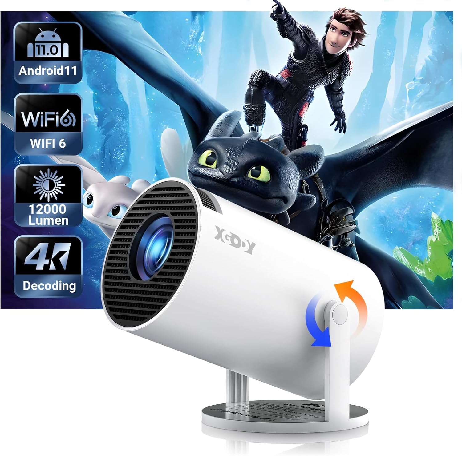 Mini Projector Native 720P HD, Supports 4K 1080P, XGODY Gimbal 3 Portable Projector 12000 Lumen, WiFi 6, Bluetooth, Auto Keystone, Video Projector for Home Cinema