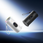 Compact JmGO PicoPlay projector with Android TV streaming movies on a wall