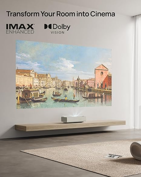 XGIMI Laser Projector showcasing 4K visuals and modern design in a home theater setup