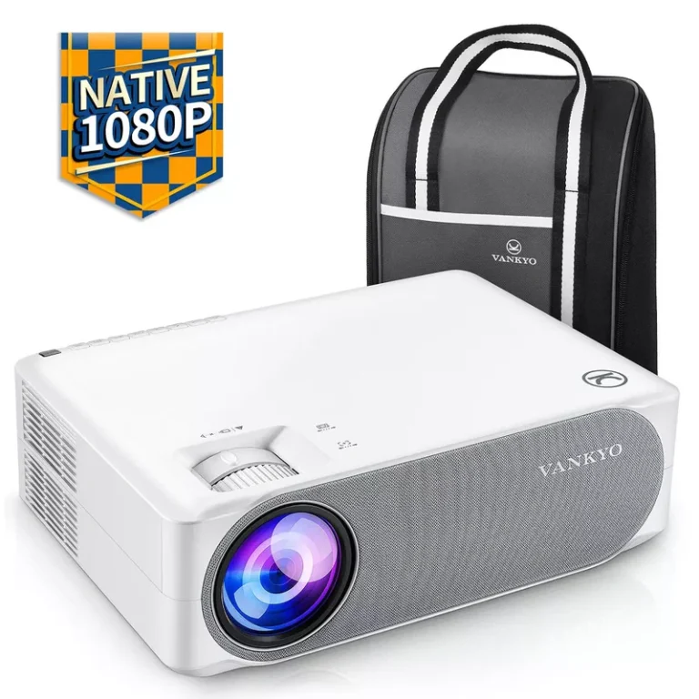 Vankyo Performance V630 Projector in White Edition, displaying a cinematic home theater setup.