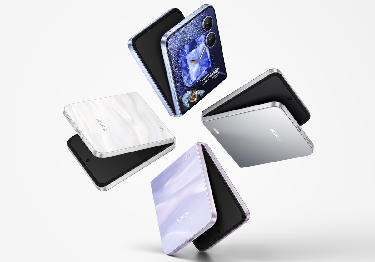 A glittering HONOR Magic V Flip 2 foldable phone open to display, showing sleek holographic design and dual OLED screens.