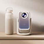 Xming Q6 Neo projector angled on its dual-arm gimbal stand projecting a vivid image