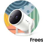 Samsung The Freestyle portable smart projector showing vivid 1080p picture on a wall in a cozy home theater setting.