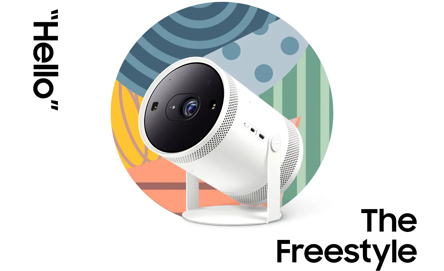 Samsung The Freestyle portable smart projector showing vivid 1080p picture on a wall in a cozy home theater setting.