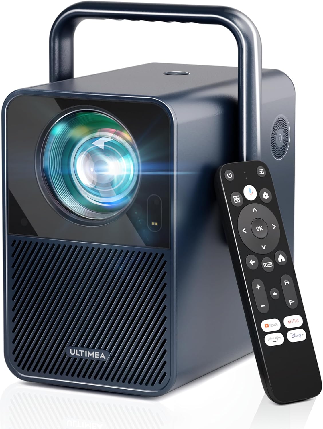 ULTIMEA Poseidon E40 4K Decoding Projector with Android TV and Dolby Audio in a home cinema setup.