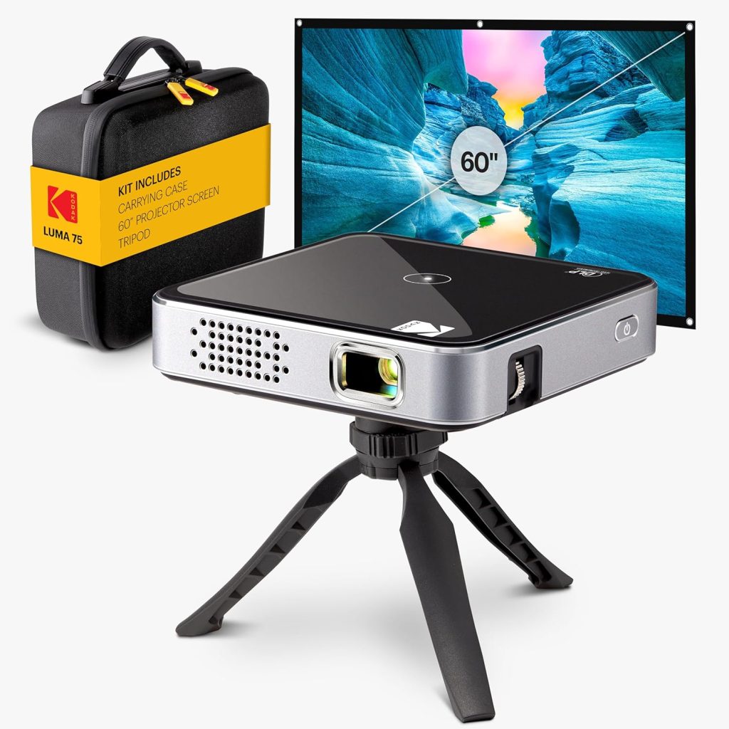 Compact KODAK Luma 350 projector with Android and complete kit accessories.