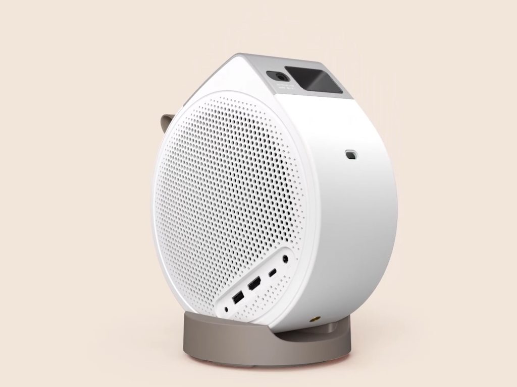 BenQ GV32 portable ceiling projector angled toward wall/ceiling