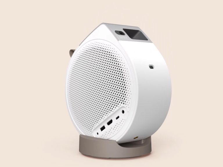 BenQ GV32 portable ceiling projector angled toward wall/ceiling