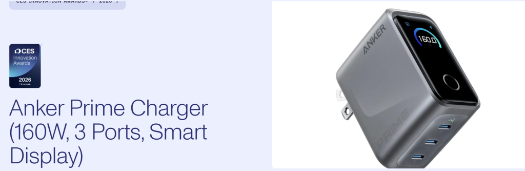 Anker Prime Charger 160W with smart display powering multiple devices on a modern desk